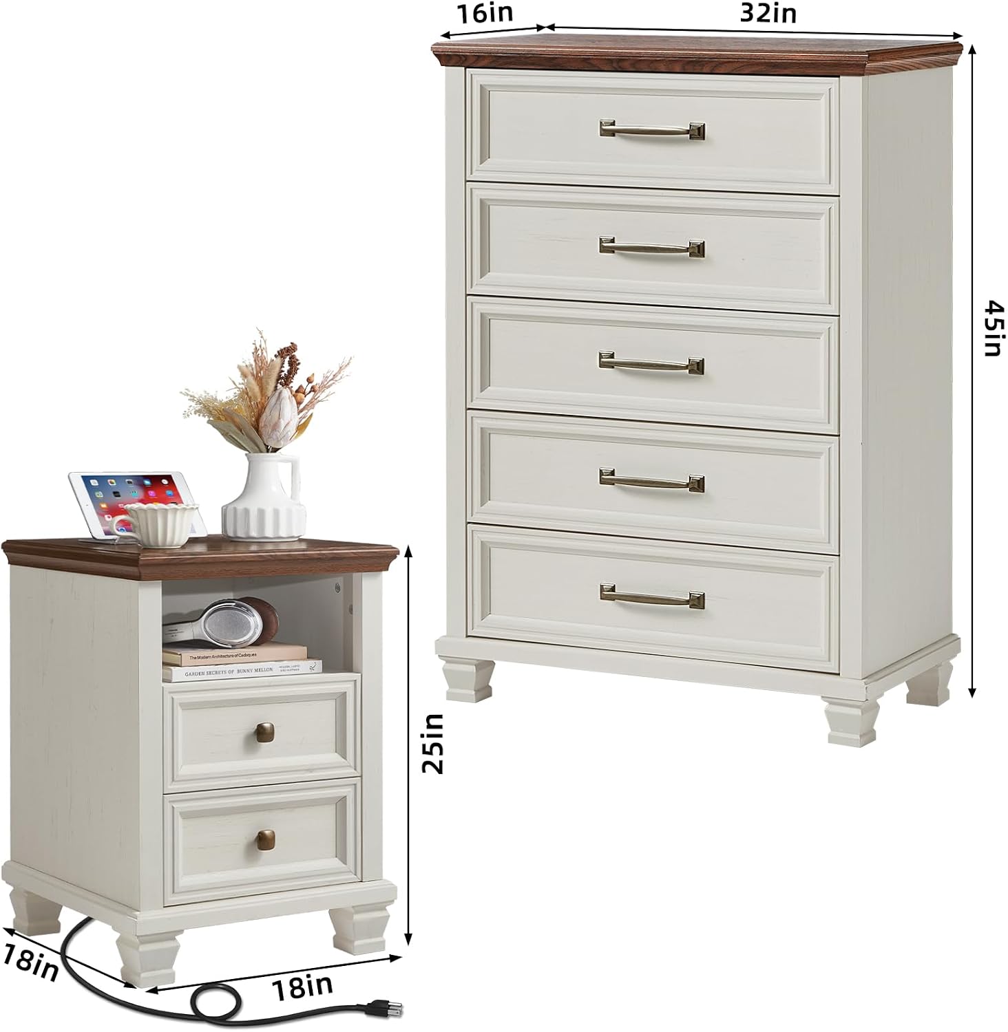 SAVOR LIFE Farmhouse Dresser and Nightstand Sets 3 Piece, 5 Drawer Dresser & 2 Drawer Nightstand Set, Rustic Wood Bedroom Furniture Set for Home, Bedroom, Hallway, White