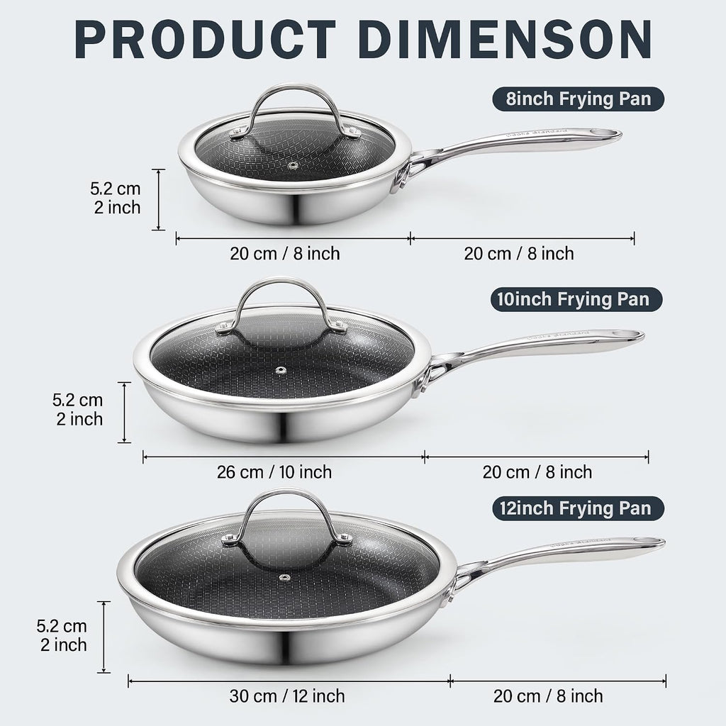 Cooks Standard Hybrid Mutli-Ply Clad 8, 10 and 12 Inch Nonstick Frying Pan, Stainless Steel Skillet with Tempered Glass Lids, Cool Handle, Oven Safe, Compatible with All Stovetops, 3-Piece