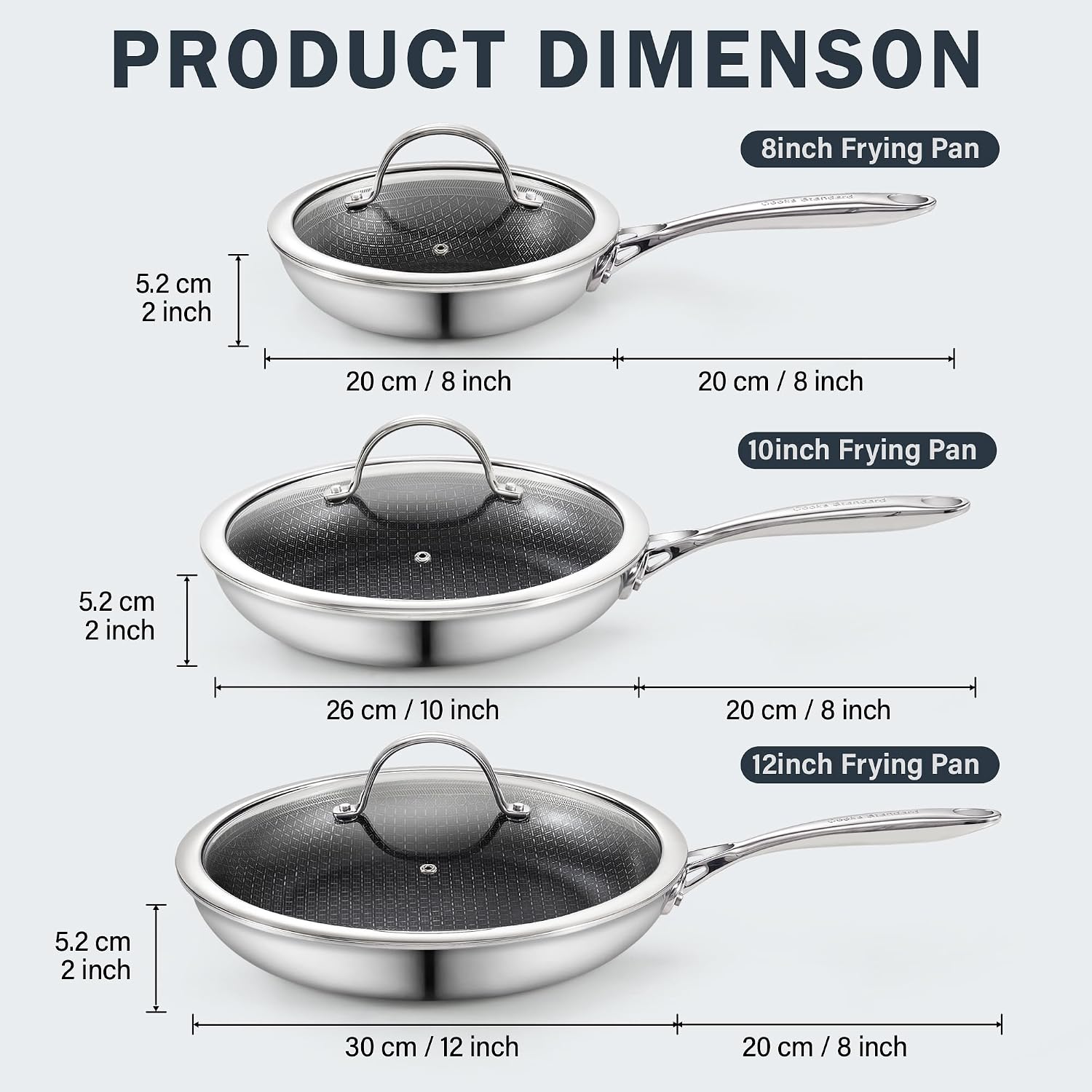 Cooks Standard Hybrid Mutli-Ply Clad 8, 10 and 12 Inch Nonstick Frying Pan, Stainless Steel Skillet with Tempered Glass Lids, Cool Handle, Oven Safe, Compatible with All Stovetops, 3-Piece