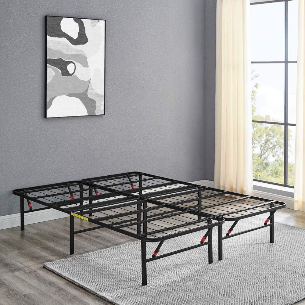 Amazon Basics Bed Frame with Storage, Foldable Metal Platform, Sturdy Steel, No Box Spring Needed, 14-inch High, Tool-Free Setup, Noise Free, Easy Assembly, Queen Size, Black