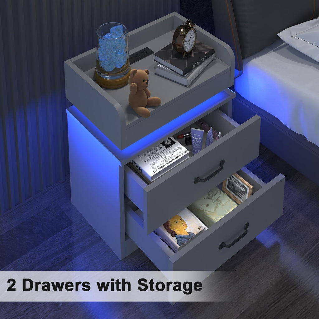 4ever2buy Grey Nightstand Set of 2 with Charging Station and LED Lights Modern Bedside Tables with 2 Drawers for Bedroom