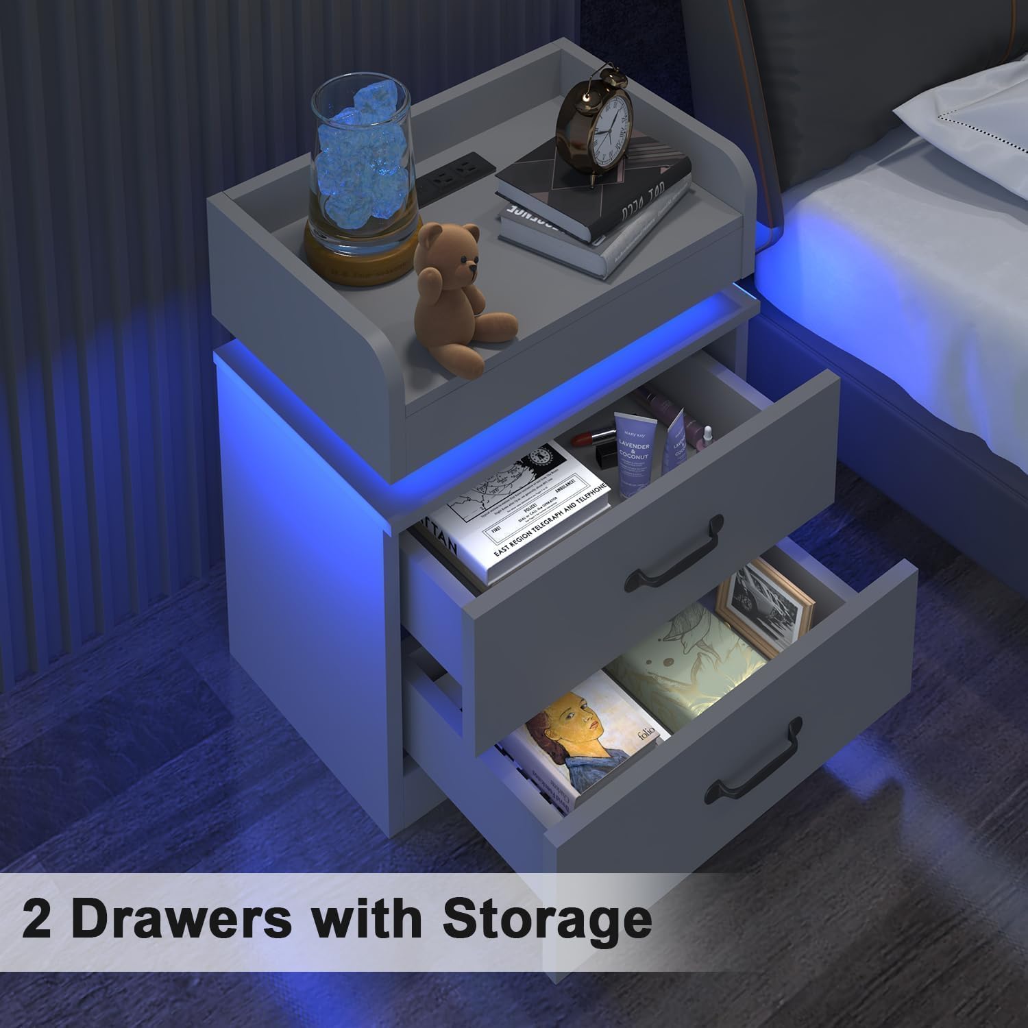4ever2buy Grey Nightstand Set of 2 with Charging Station and LED Lights Modern Bedside Tables with 2 Drawers for Bedroom