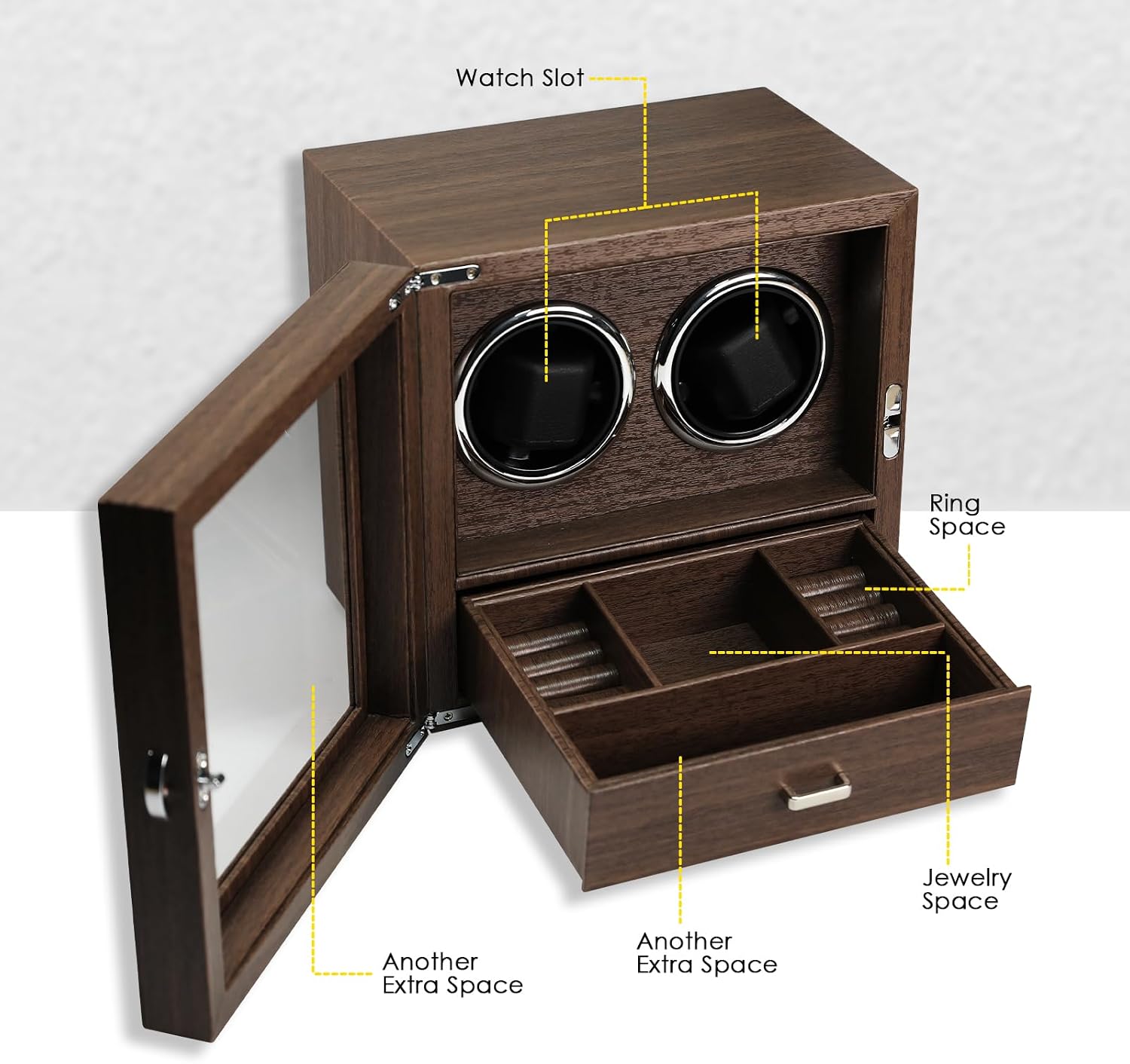 Double Watch Winder for 2 Automatic Watches, Luxury Wood Grain Case with Jewelry Storage Drawer, Ultra-Quiet Motor, 4 Modes & Blue LED - Professional Watch Box for Collectors