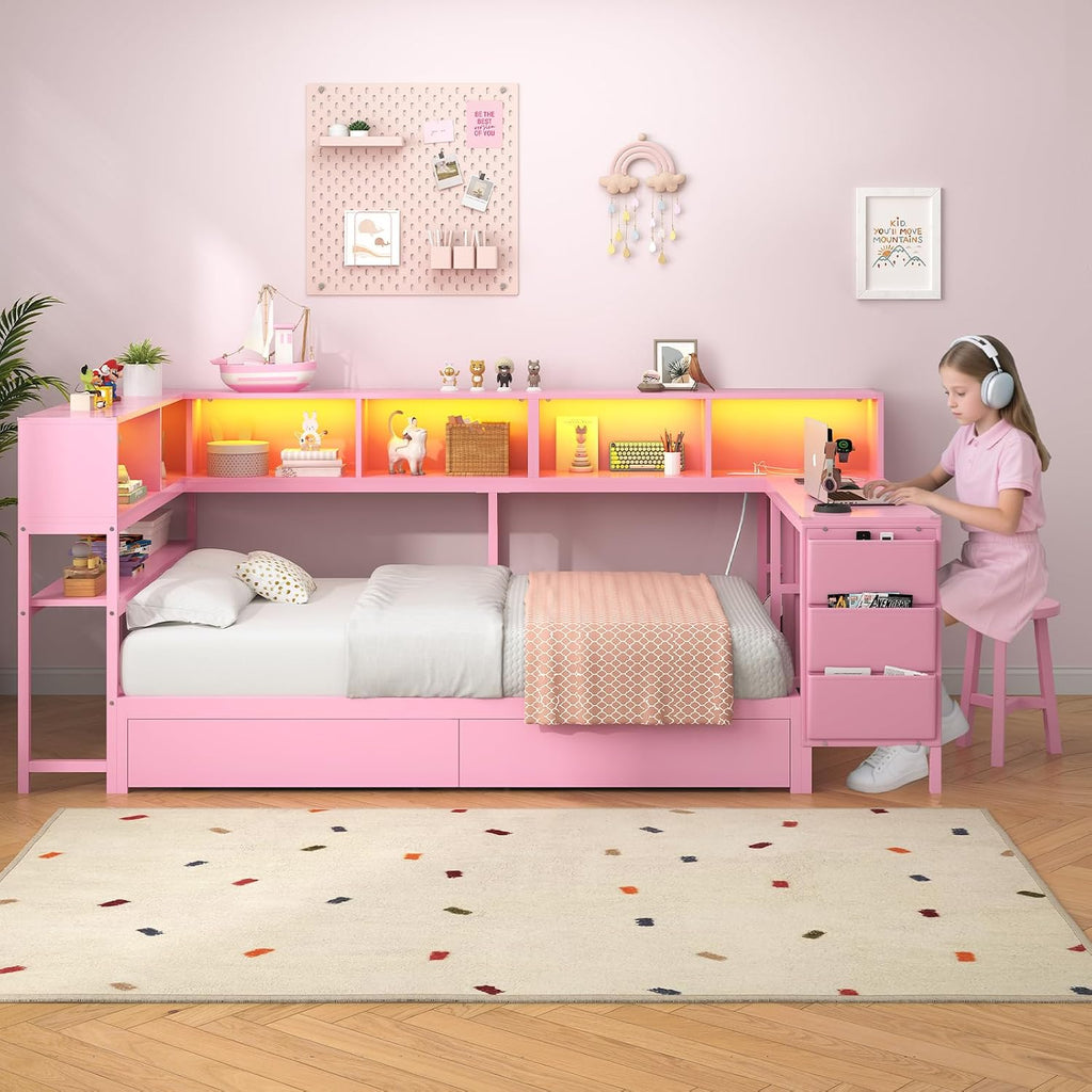 Hasuit Twin Corner Bed with Desk and Storage Bookcase, Daybed with 2 Drawers & 2 Storage Bins, Twin Size Platform Bed Frame with Charging Station and LED Light, Modern Teenagers Bedframe, Pink