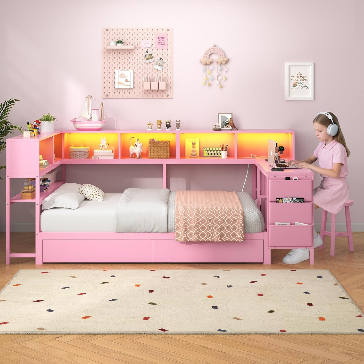 Hasuit Twin Corner Bed with Desk and Storage Bookcase, Daybed with 2 Drawers & 2 Storage Bins, Twin Size Platform Bed Frame with Charging Station and LED Light, Modern Teenagers Bedframe, Pink