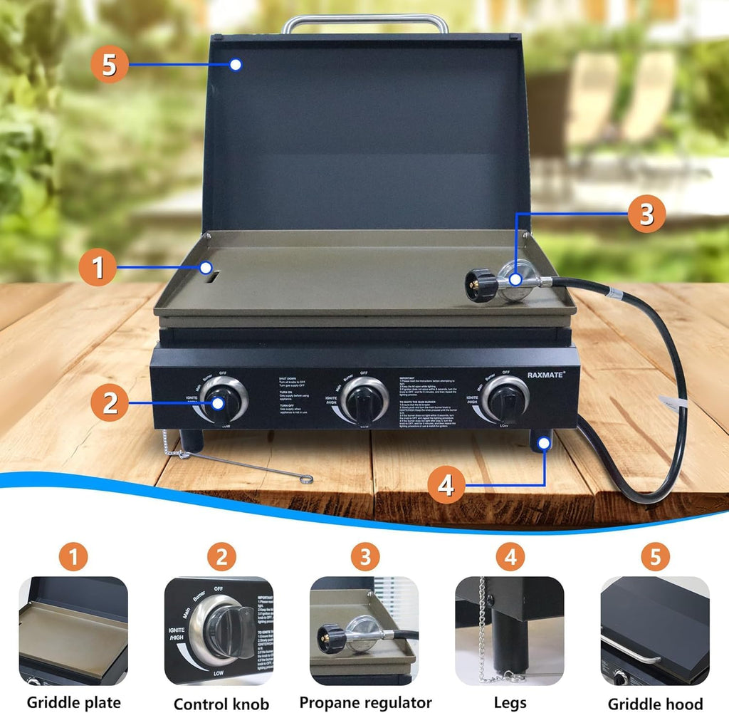 Flat Top Gas Griddle with Lid, 22 Inch 3 Burners Outdoor Portable Propane Gas Grill, 30,000 BTU Tabletop BBQ Griddle for Camping, RV, Tailgating