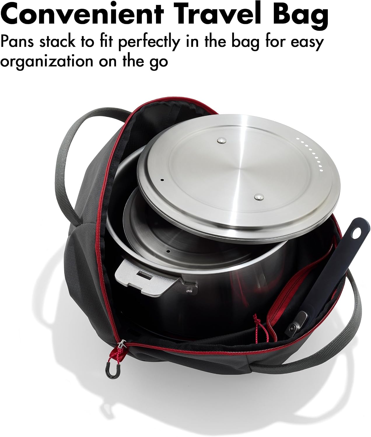 OXO Outdoor 8 Piece Camping Cookware Set, 10' Pre-Seasoned Carbon Steel Frying Pan Skillet, 2.25QT and 5QT Stainless Steel Saucepans with Lids, Removeable Handle, Trivet, Travel Bag, Space-Saving