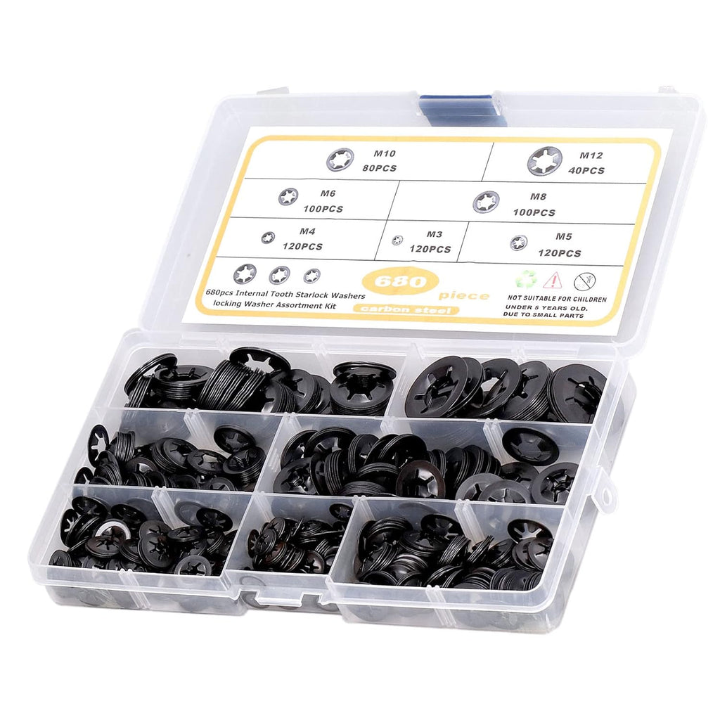 680Pcs Carbon Steel Starlock Washers Kit, M3 to M12 Assortment, Quick Speed Locking, Internal Tooth Design for Secure Fastening, Push Nuts & Retaining Clips Included