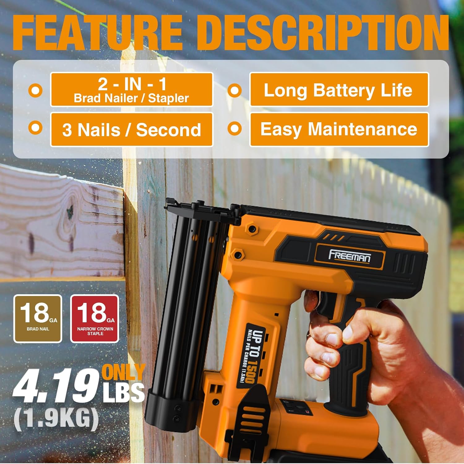 Freeman F20 20V Cordless 2-in-1 18-Gauge Nailer/Stapler | 1-1/4' Nails & Staples | 1500 Shots per Charge | Includes Battery, Charger & 400 Fasteners | PE20VBR9032