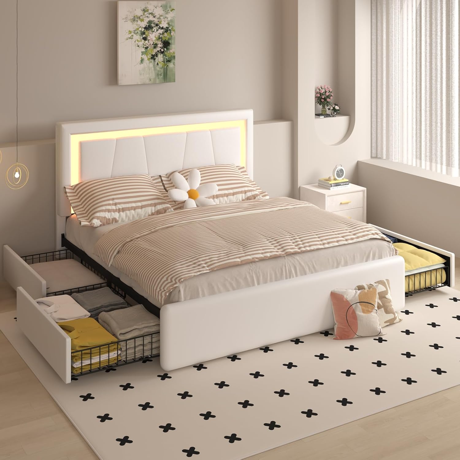 Benevika Queen Size Bed Frame with 4 Storage Drawers and LED Headboard, Upholstered Platform with Type-C&USB Ports, Faux Leather, Easy Assembly, Beige