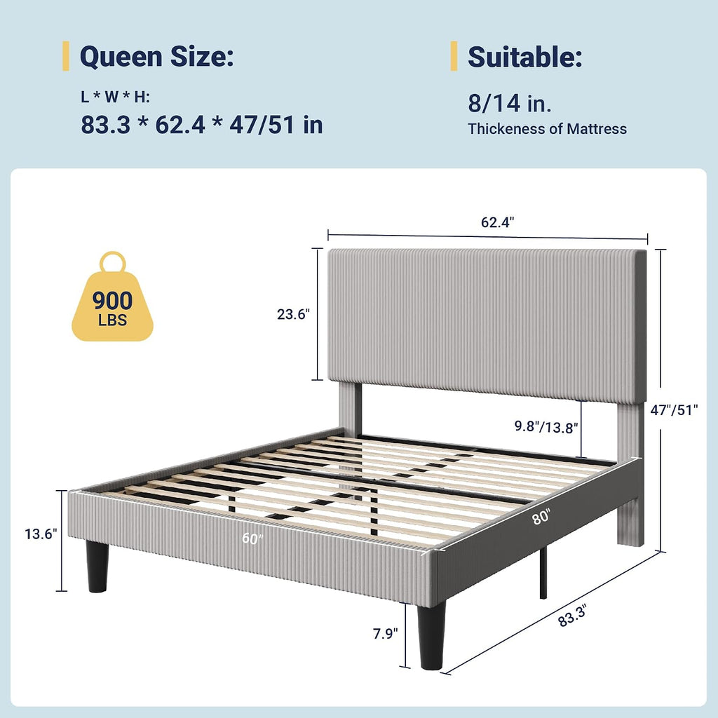 Allewie Queen Size Upholstered Bed Frame with Vertical Channel Tufted Headboard, Soft Corduroy Fabric Platform Bed, Strong Wooden Slats Support, Easy Assembly, No Box Spring Needed, Light Grey