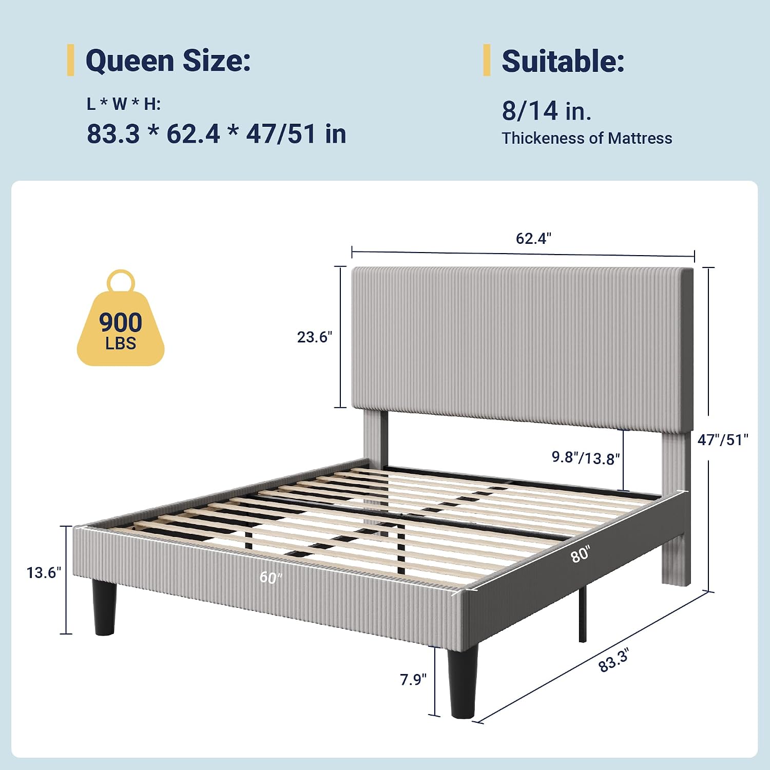 Allewie Queen Size Upholstered Bed Frame with Vertical Channel Tufted Headboard, Soft Corduroy Fabric Platform Bed, Strong Wooden Slats Support, Easy Assembly, No Box Spring Needed, Light Grey