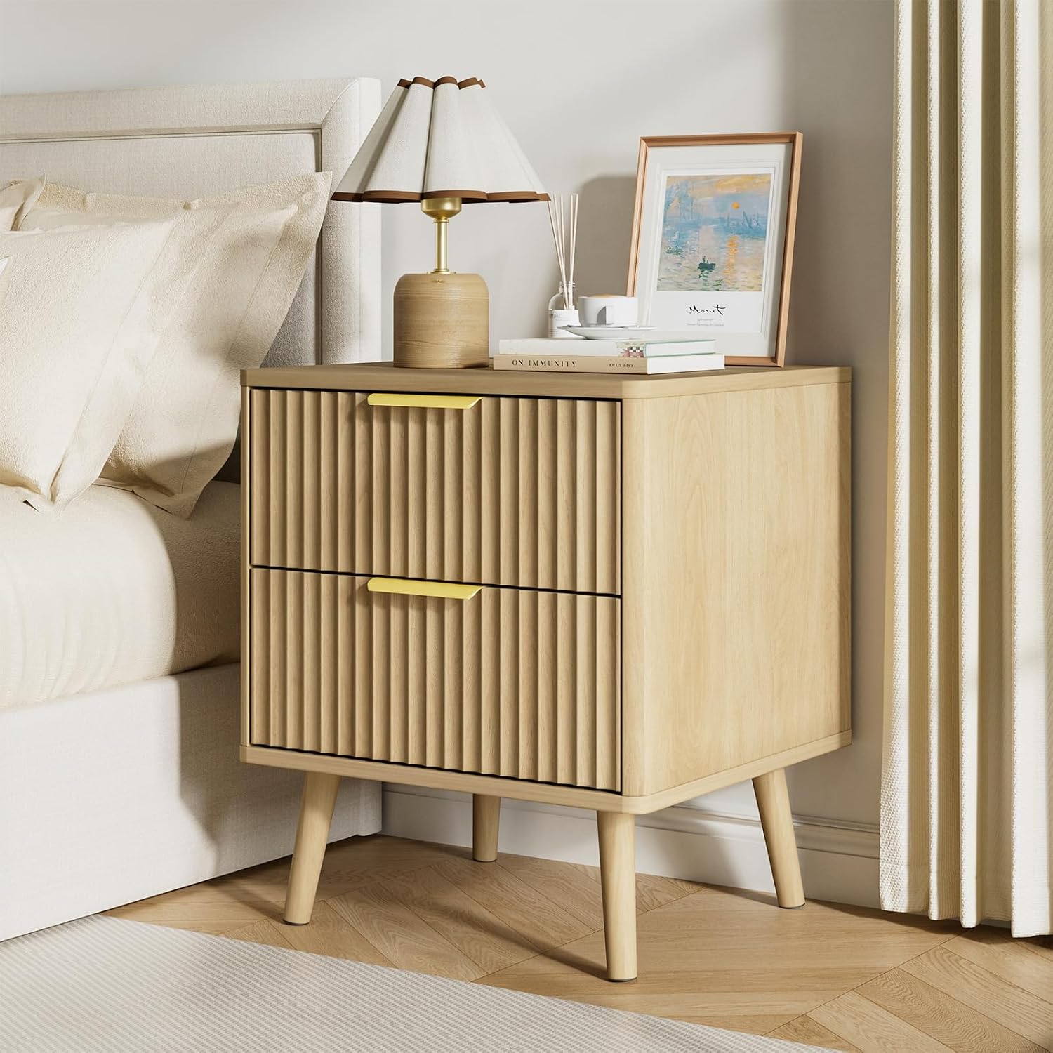 LYNSOM Fluted Dresser and Nightstand Sets 4 Piece, 2-Drawer Nightstands and 5/7 Drawers Dresser, Wood Bedroom Furniture Set for Home, Bedroom, Hallway, Oak