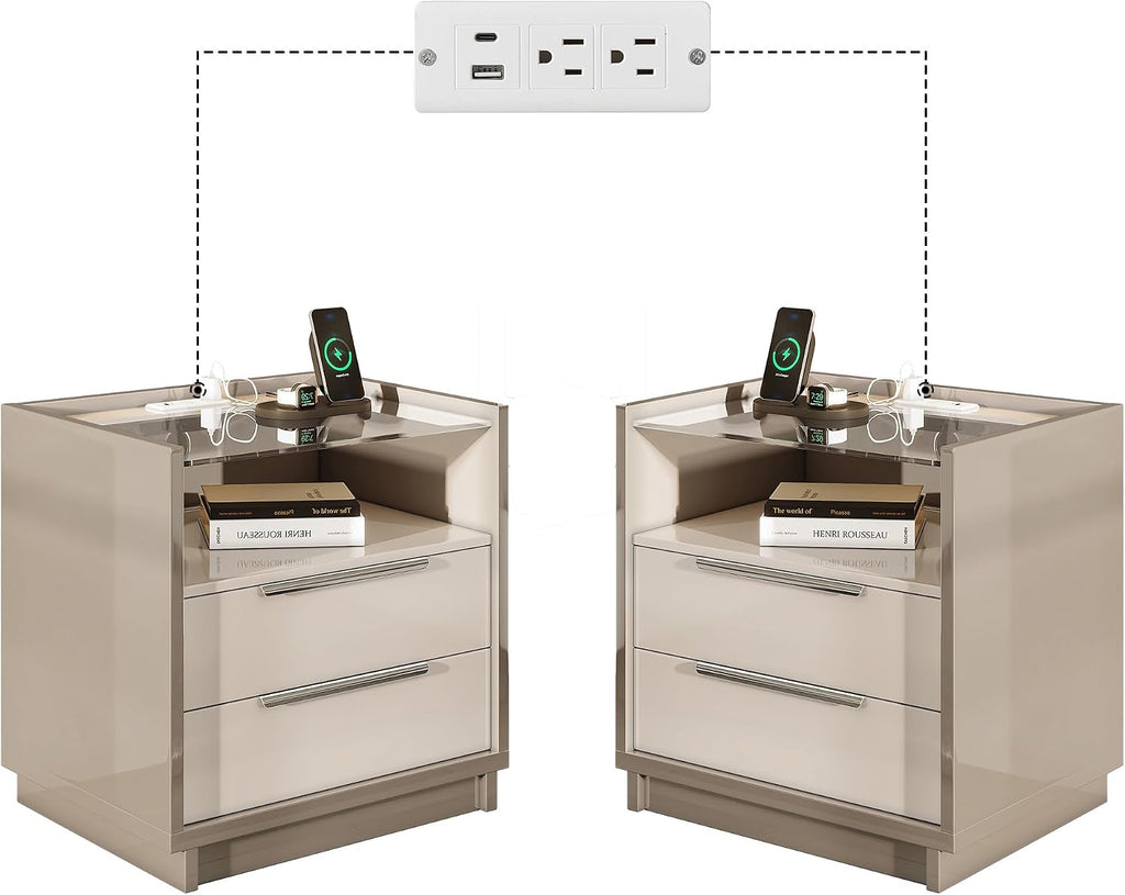 AMERLIFE Nightstand Set of 2, 23.6' High Gloss End Table with Glass Tabletop, Modern Bedside Table with Charging Station, 2 Drawers Nightstand for Bedroom, Cream & Gray