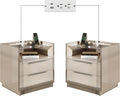 AMERLIFE Nightstand Set of 2, 23.6' High Gloss End Table with Glass Tabletop, Modern Bedside Table with Charging Station, 2 Drawers Nightstand for Bedroom, Cream & Gray