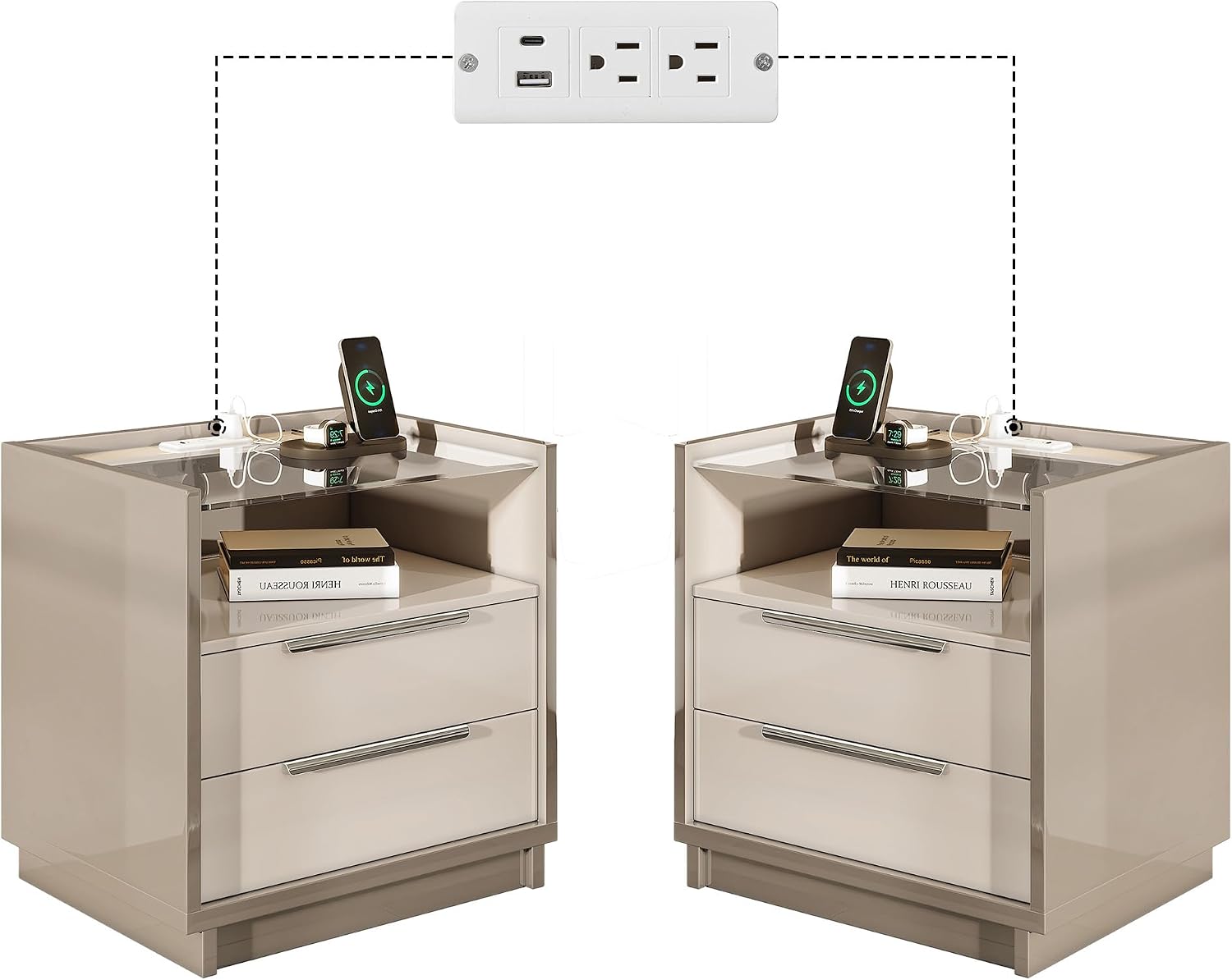 AMERLIFE Nightstand Set of 2, 23.6' High Gloss End Table with Glass Tabletop, Modern Bedside Table with Charging Station, 2 Drawers Nightstand for Bedroom, Cream & Gray