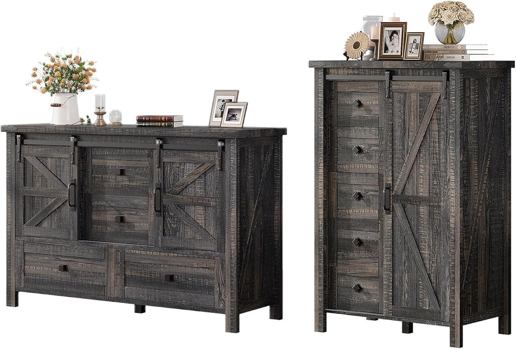 AMERLIFE 2PCS Farmhouse Dresser Set with Sliding Barn Doors, Bedroom Sets Include 47'' Dresser with 4 Drawers, 5-Drawer Tall Dresser, Black Oak
