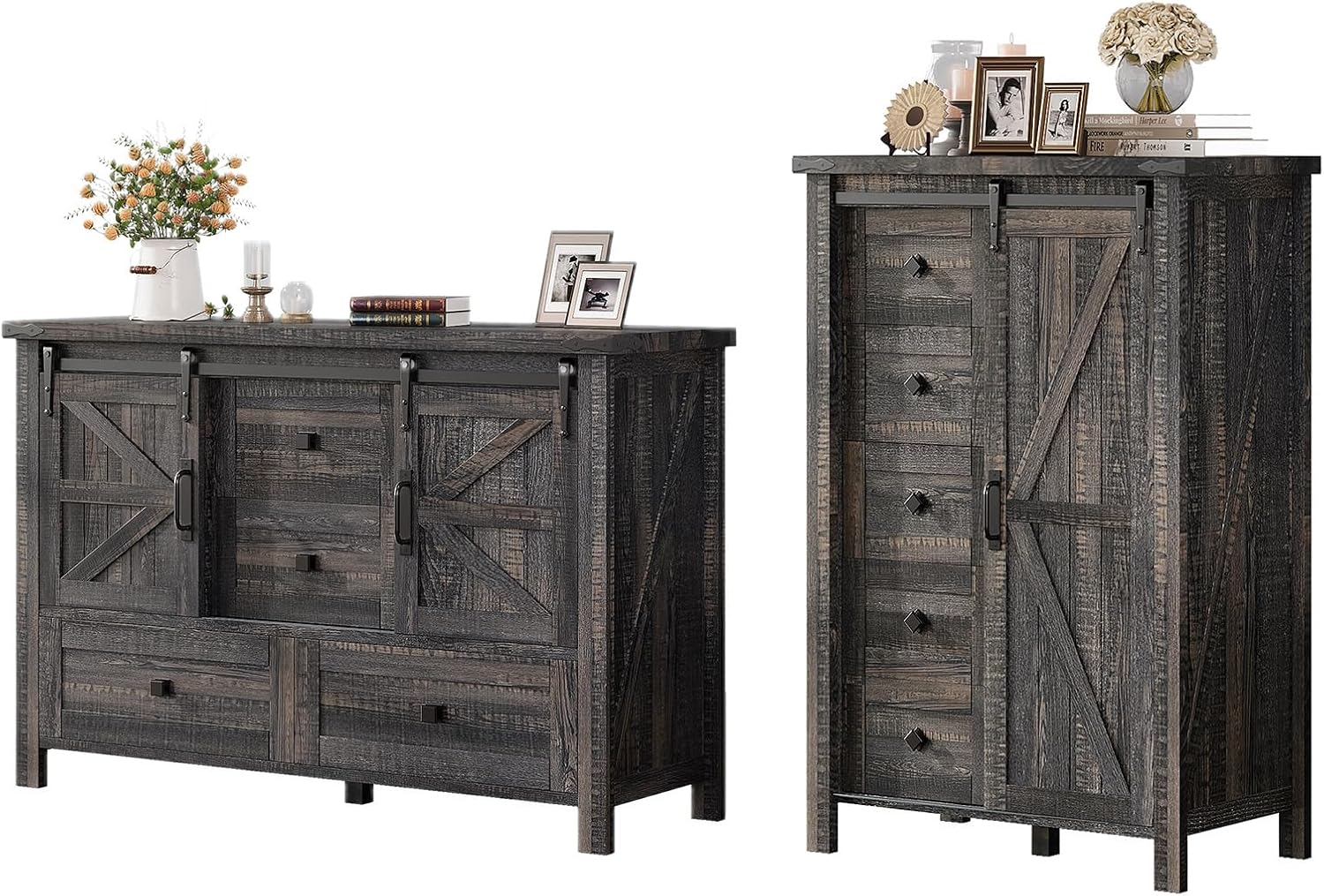 AMERLIFE 2PCS Farmhouse Dresser Set with Sliding Barn Doors, Bedroom Sets Include 47'' Dresser with 4 Drawers, 5-Drawer Tall Dresser, Black Oak