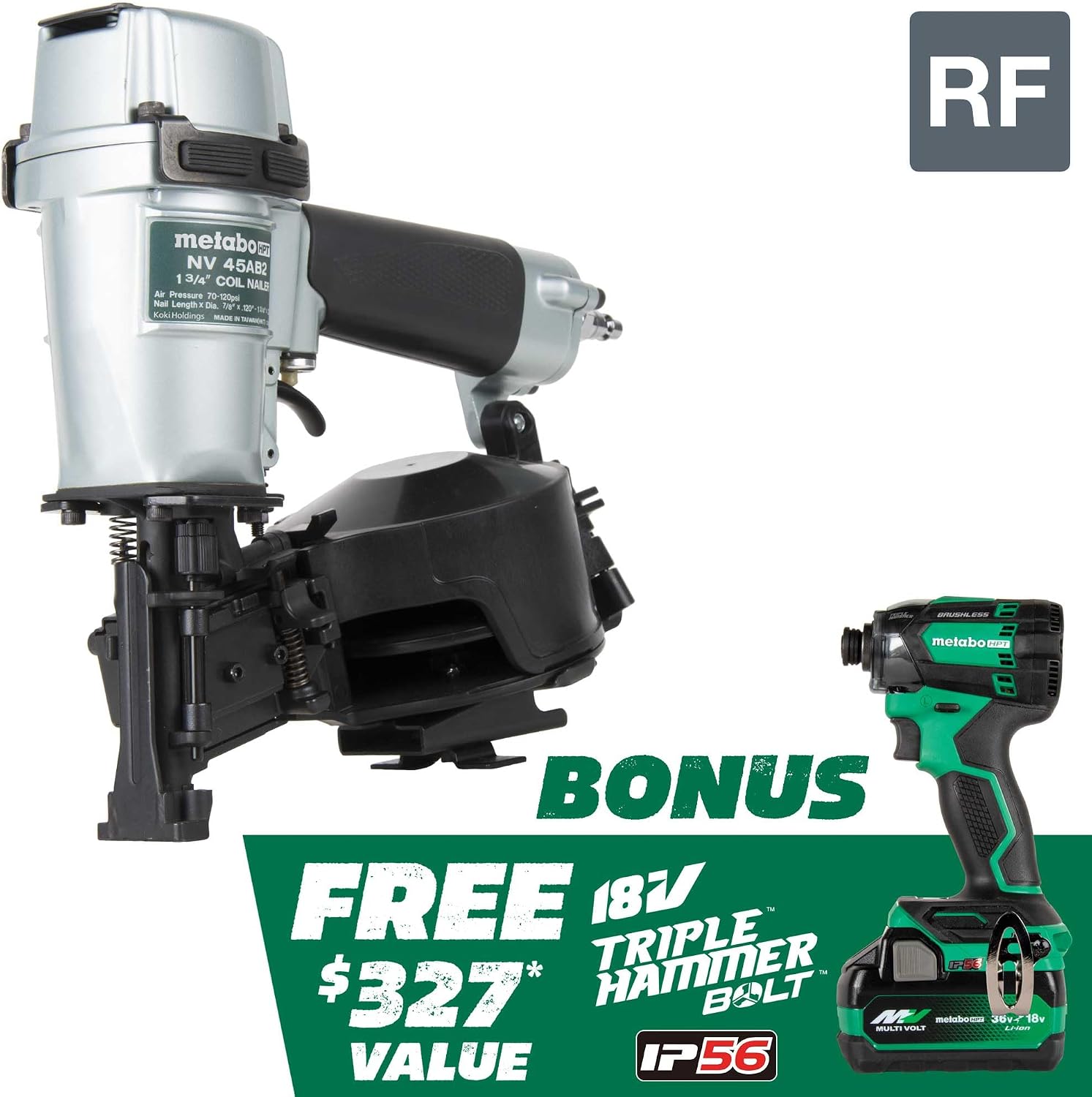 Metabo HPT Pneumatic Roofing Nailer + 18V Impact Driver Pro Bundle Kit, 1-3/4-Inch Coil Roofing Nailer with BONUS 18V Triple Hammer Impact Driver Kit, KNV45AB2