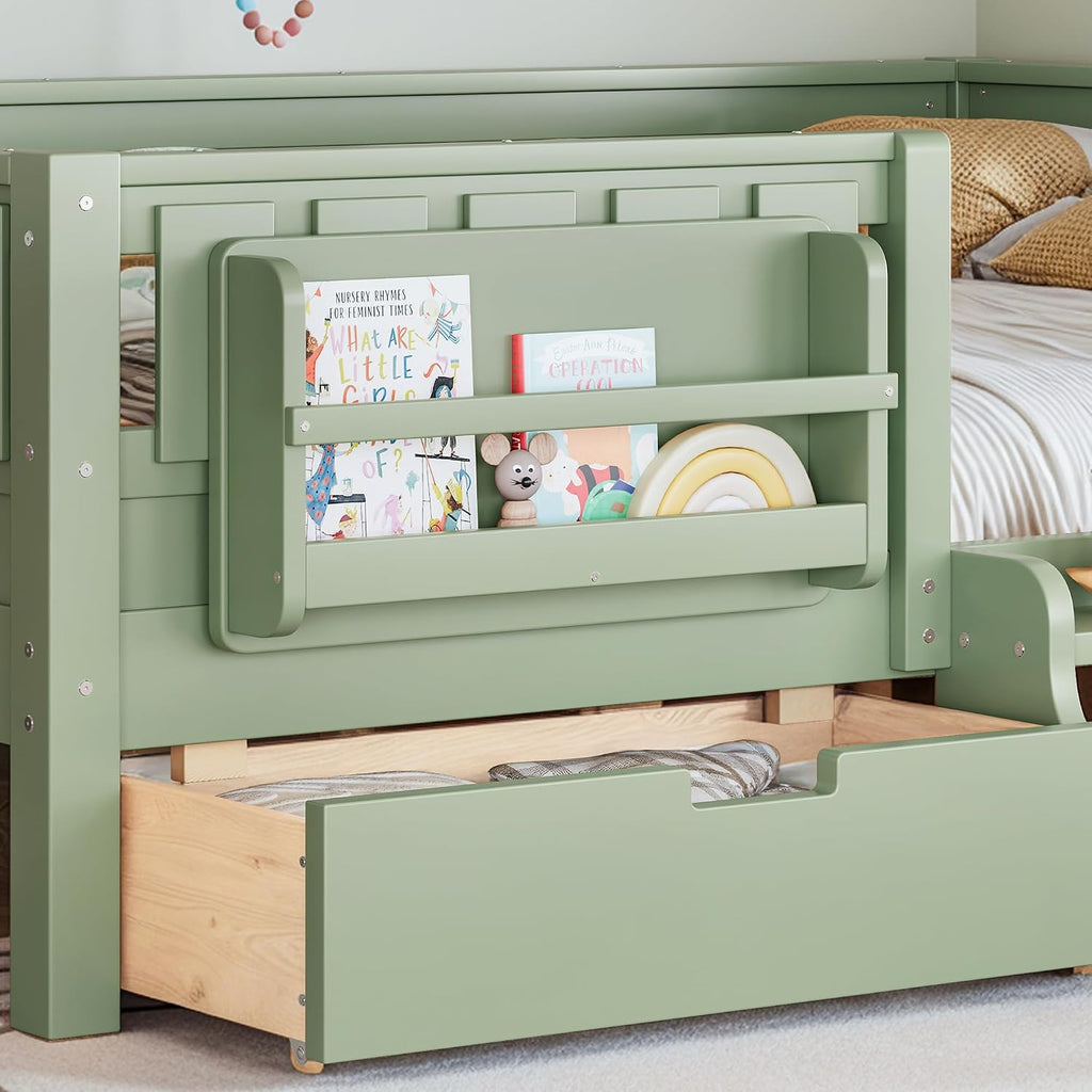 Bellemave Queen Size Montessori Bed with Stairs, Rails and Slats, Queen Size Montessori Floor Bed with Bookshelf and 2 Storage Drawers, Easy Assemble Beds Frame for Girls, Boys, Avocado Green