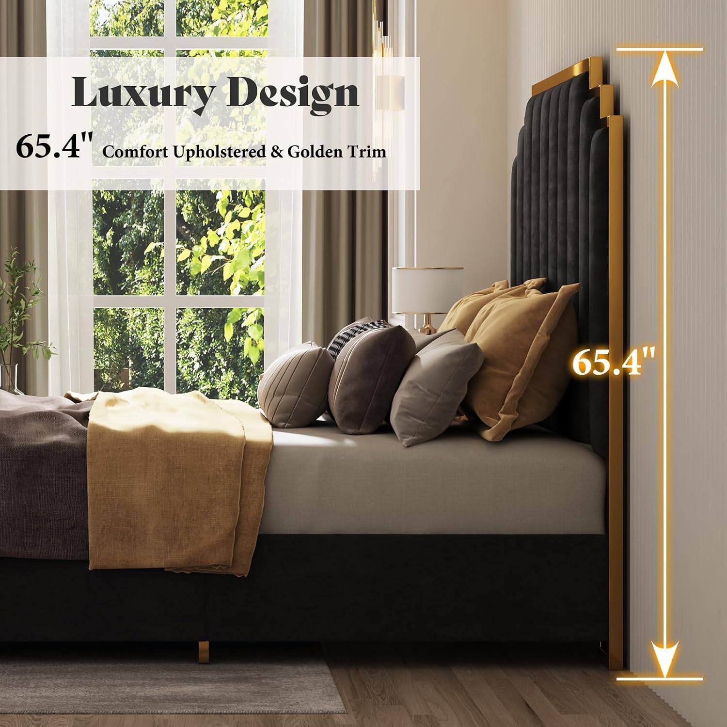 AMERLIFE California King Size Upholstered Bed, Modern Velvet Bed Frame with 65.4' Tall Gold Trim Headboard, No Box Spring Needed, Black