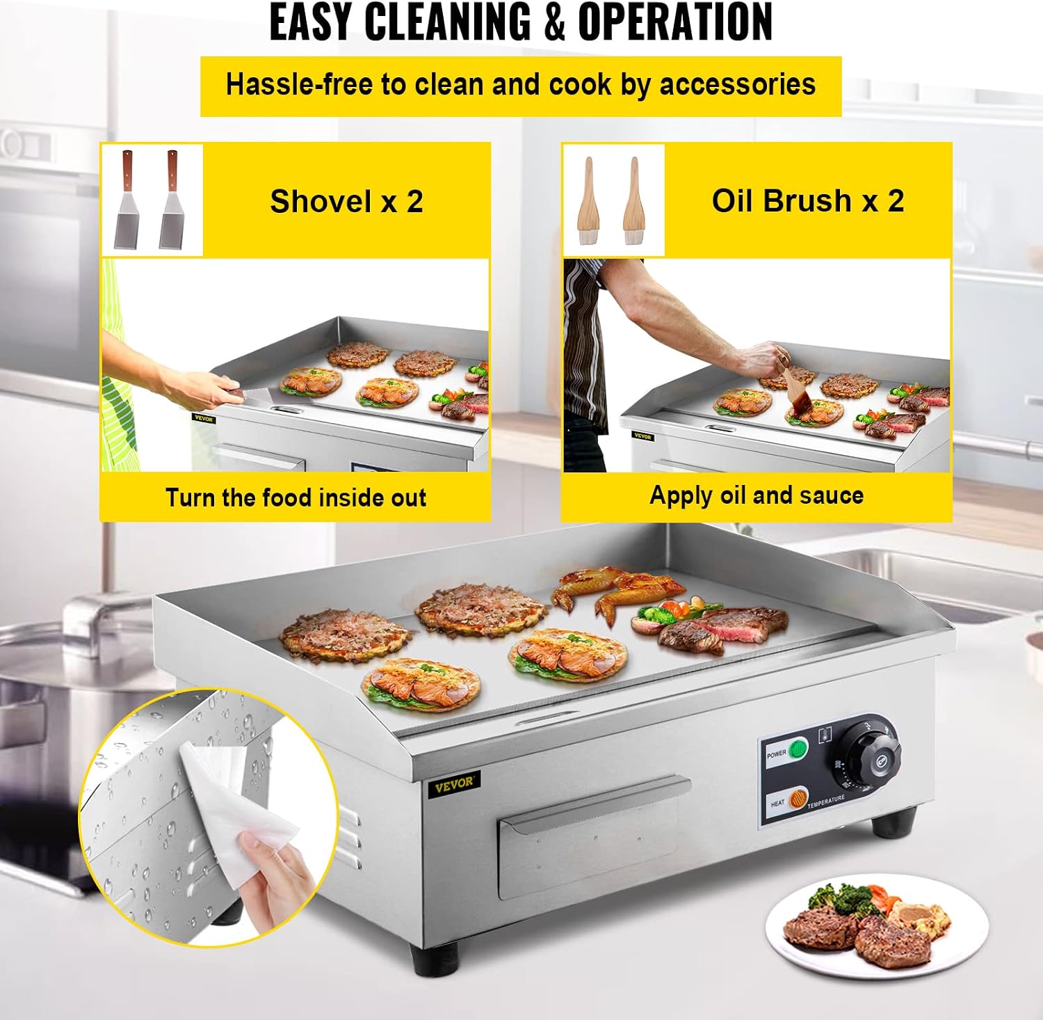 VEVOR Commercial Electric Griddle, 18' Teppanyaki Grill, 1600W Electric Flat Top Grill, Stainless Steel Electric Countertop Griddle w/Drip Hole, 50-300℃ Countertop Griddle for Pancake (No Plug)