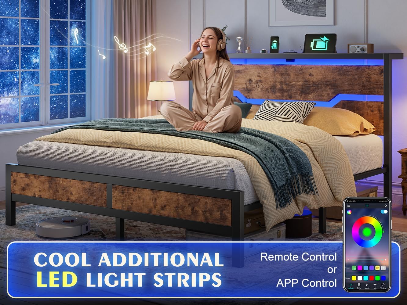Homkdom Full Size Bed Frame with LED Lights & Charging Station, Industrial Metal Platform Bed with 13' Large Under-Bed Storage, Heavy Duty Slats,Noise-Free, No Box Spring Needed, Modern Brown