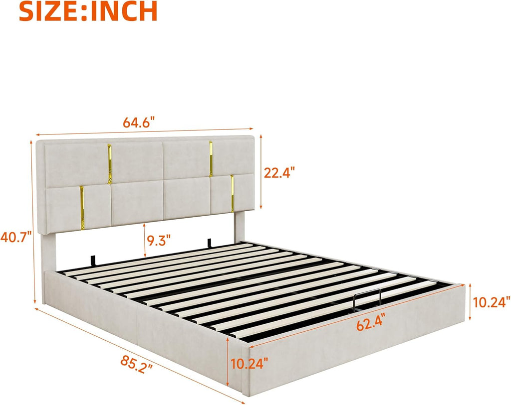 JIJIWANG 2-Piece Bedroom Sets, Queen Size PU Upholstered Platform Bed with Hydraulic Storage Ottoman, Wood Platform Bed Frame with Metal Legs, Storage Ottoman for Kids Teens Adults Bedroom, Beige