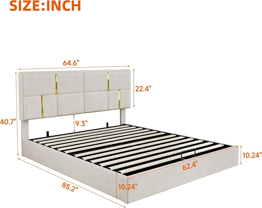 JIJIWANG Queen Size Upholstered Platform Bed with Hydraulic Storage System,Velvet Bed Frame with Headboardqueen Bed Brame with Storage No Box Spring Needed,Beige