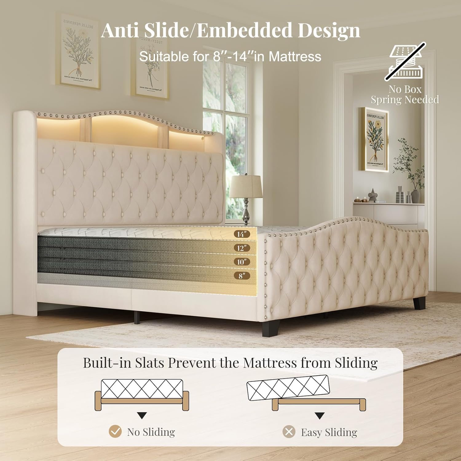 Belffin King Size Bed Frame and Headboard, 50.9' Velvet Upholstered Wingback Bedframe with LED Lights & Storage/Charging Station, Button Tufted Tall Footboard, No Box Spring Needed, Noise-Free, Beige