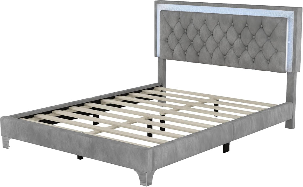3-Pieces Bedroom Sets, Harper & Bright Designs Queen Size LED Velvet Platform Bed Frame with LED Lights & Tufted Headboard, Wood Slat Support, No Box Spring Needed, Easy Assembly (Grey)