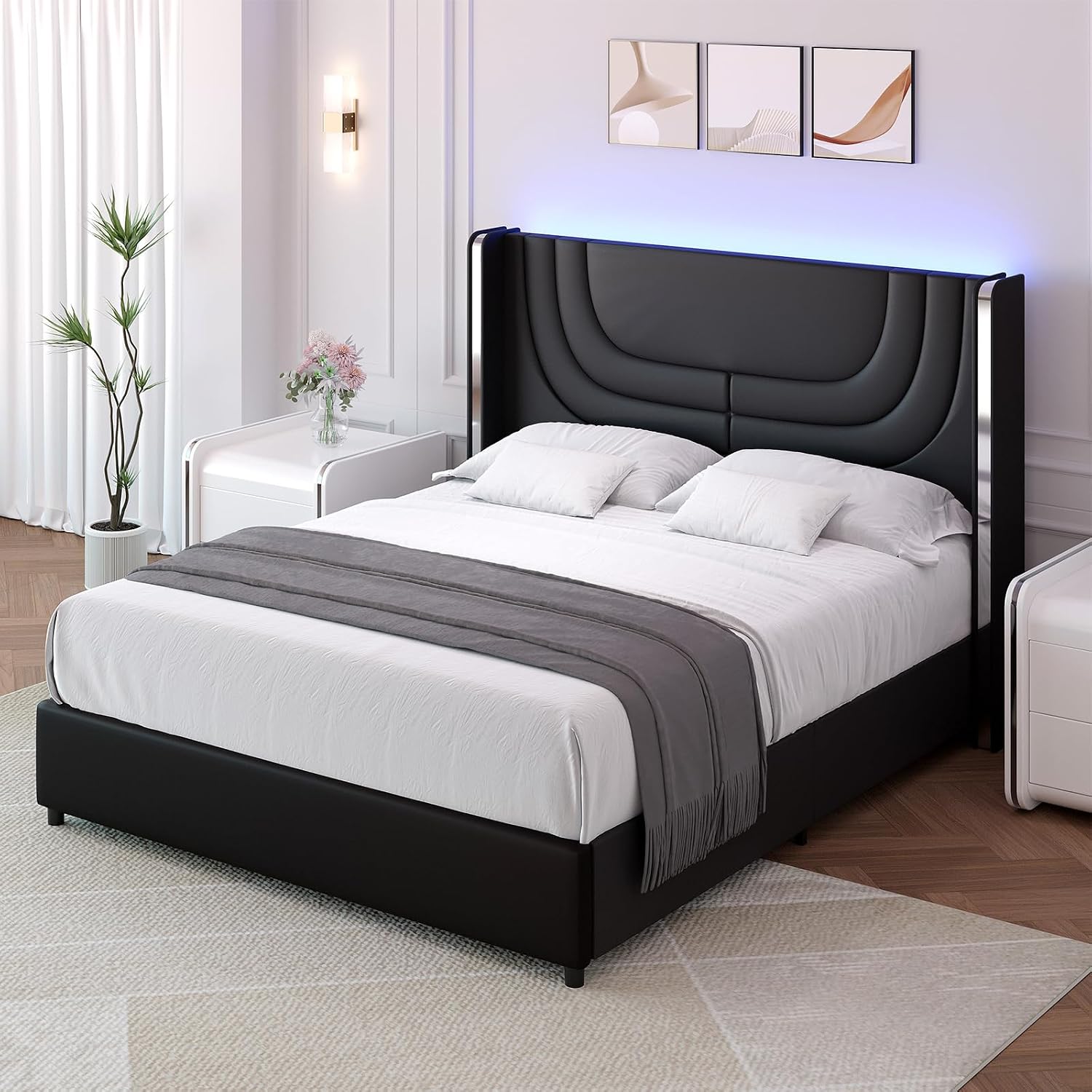 REVOMINCA Full Size Bed Frame with LED Lights, Faux Leather Upholstered Platform with Silver Wingback Headboard, Modern Style, No Box Spring Needed, Easy Assembly, Black