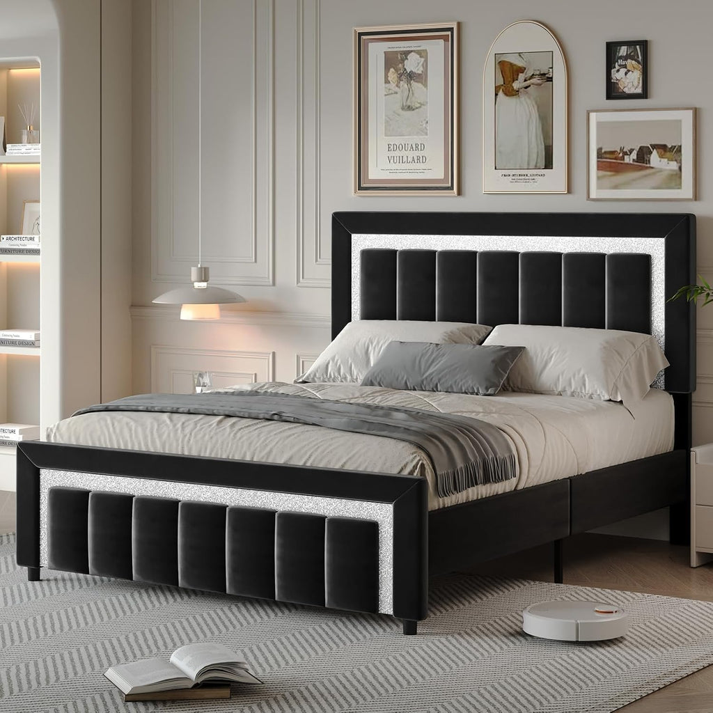 HOMBCK Queen Bed Frame with Headboard, Velvet Upholstered Platform Bed Frame Queen Size with Diamond Headboard & Footboard, Wooden Slats Support, No Box Spring Required, Easy Assembly, Black