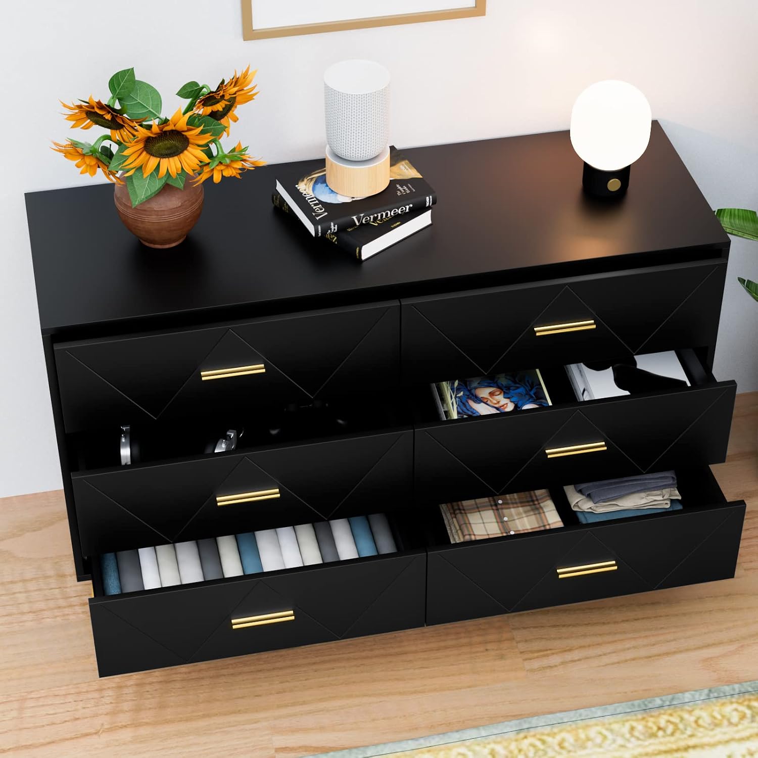 CARPETNAL Black Dresser for Bedroom, 6 Drawer Dresser with Wide Drawers and Gold Handles, Modern Wood Dressers & Chest of Drawers TV Stand for Living Room, Hallway, Entryway.
