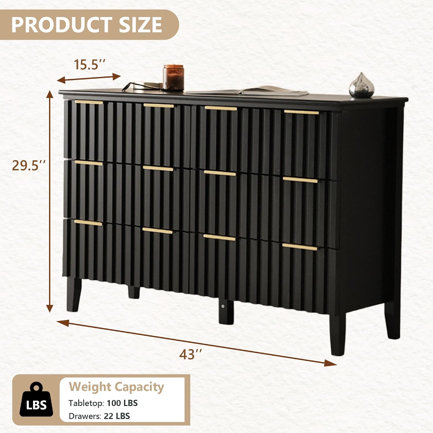 LAZZO 3 Piece Dresser and Nightstand Sets Modern Fluted Bedroom Set with 6 Drawer Dresser & 2 Nightstands,MDF Wood, Gold Handles, Black Finish, Storage Furniture for Bedroom, Closet, Apartment