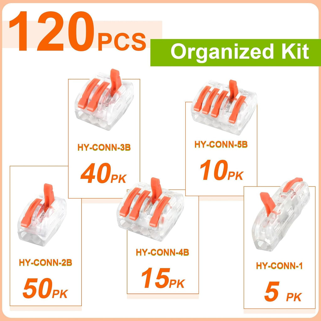 NineLeaf 120 Pcs Lever Wire Connectors Kit, 1/2/3/4/5 Port Combination, Push-in Electrical Wire Nuts AWG 28–12, Reusable Transparent Quick Connectors with Voltage Test Hole,20 Set