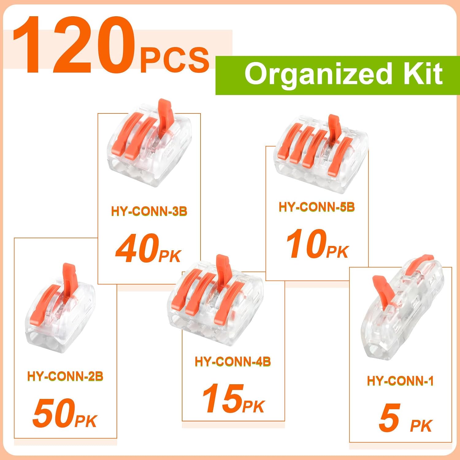 NineLeaf 120 Pcs Lever Wire Connectors Kit, 1/2/3/4/5 Port Combination, Push-in Electrical Wire Nuts AWG 28–12, Reusable Transparent Quick Connectors with Voltage Test Hole,6Set