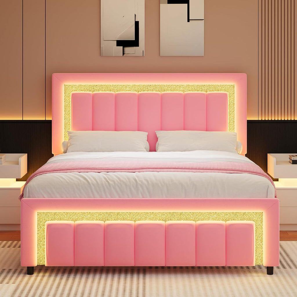 HOMBCK Full Size Bed Frame with LED Lights and Velvet Upholstered Adjustable Headboard, Bed Frame Full with Diamond Headboard & Footboard, Wooden Slats Support, Noise Free, No Box Spring Needed, Pink