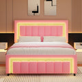 HOMBCK Full Size Bed Frame with LED Lights and Velvet Upholstered Adjustable Headboard, Bed Frame Full with Diamond Headboard & Footboard, Wooden Slats Support, Noise Free, No Box Spring Needed, Pink