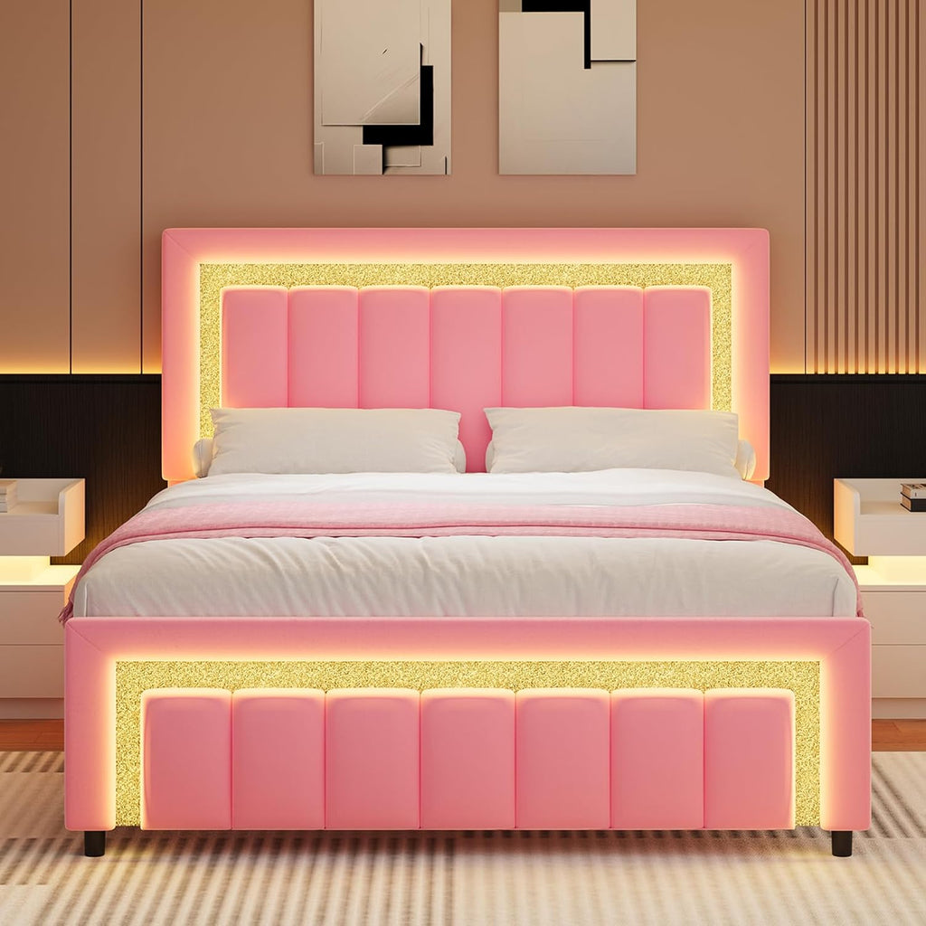 HOMBCK Queen Size Bed Frame with LED Lights and Velvet Adjustable Headboard, Queen Size Bed Frames with Diamond Headboard & Footboard, Wooden Slats Support, Noise Free, No Box Spring Needed, Pink