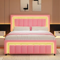 HOMBCK Queen Size Bed Frame with LED Lights and Velvet Adjustable Headboard, Queen Size Bed Frames with Diamond Headboard & Footboard, Wooden Slats Support, Noise Free, No Box Spring Needed, Pink