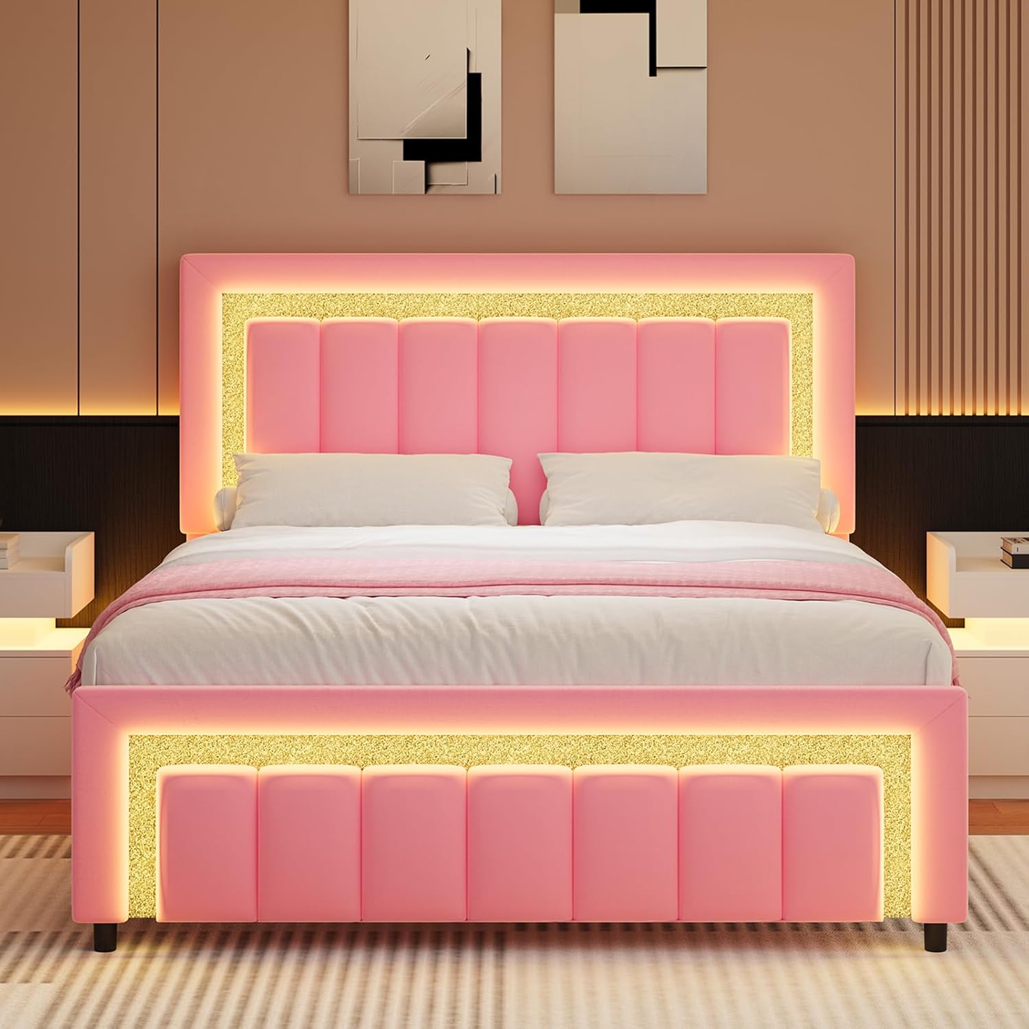 HOMBCK Queen Size Bed Frame with LED Lights and Velvet Adjustable Headboard, Queen Size Bed Frames with Diamond Headboard & Footboard, Wooden Slats Support, Noise Free, No Box Spring Needed, Pink