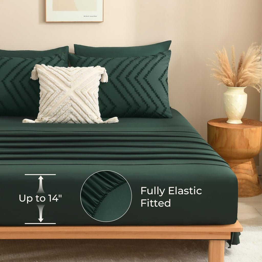 Litanika Super King Plus Size Comforter Set with Sheets Emerald Green - 7 Pieces Bed in a Bag Oversized King Boho Tufted Complete Bedding Sets with Comforter, Sheets, Pillowcases & Shams