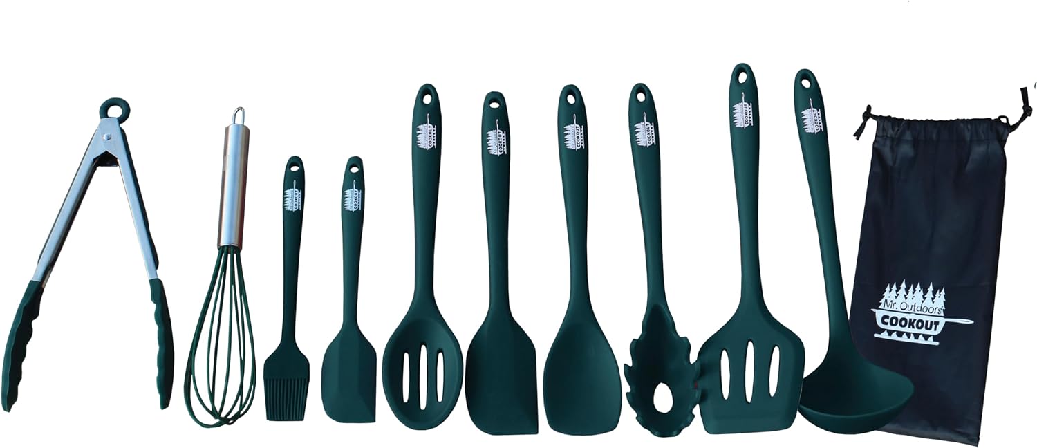 Mr. Outdoors Cookout Double Butane Stove with Carry Bag, 18 inch Aluminum Griddle, 10 piece Silicone Coated Utensil Set