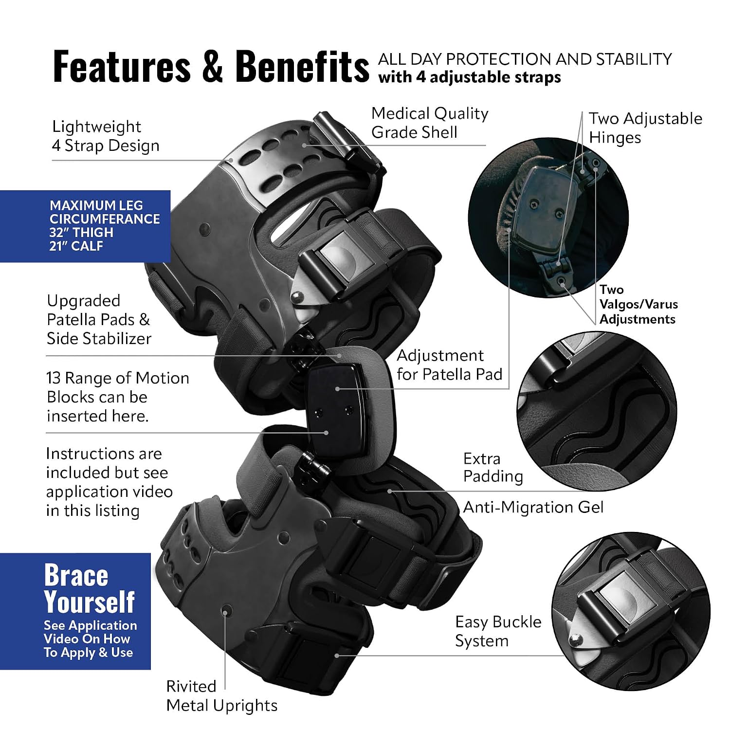 Elite Dual Adjustment Hinged Knee Brace for Men & Women - Knee Support Braces for ACL, Meniscus, Hyperextension Control, Patella & Joint Stability, Right