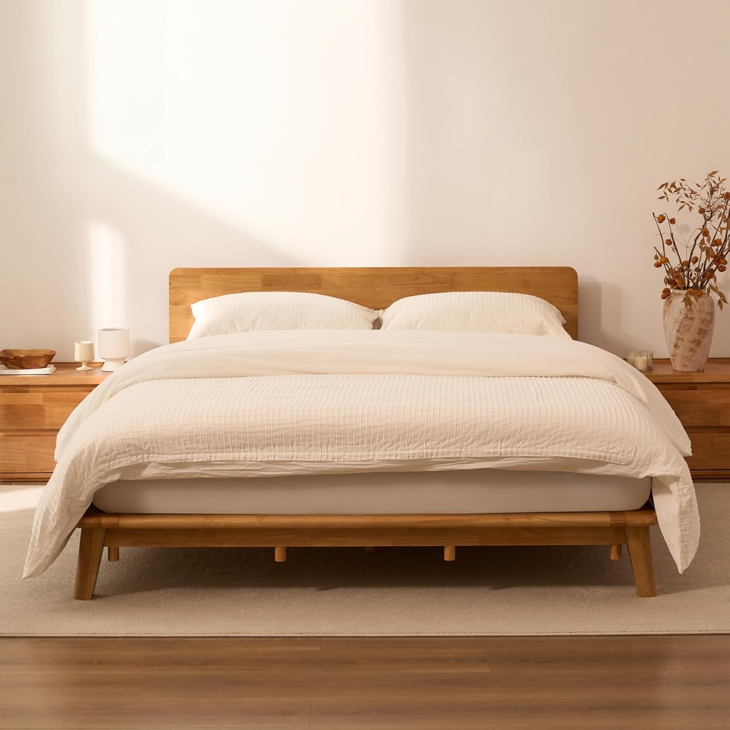 FLEXISPOT Hako G1 Solid Wood Platform Bed Frame Queen,Rubberwood,Tool-Free Assembly,Low Profile Floating,Storage Shelf&Charging Station,Modern Scandinavian Japanese Minimalist,Heavy Duty,Natural Oak