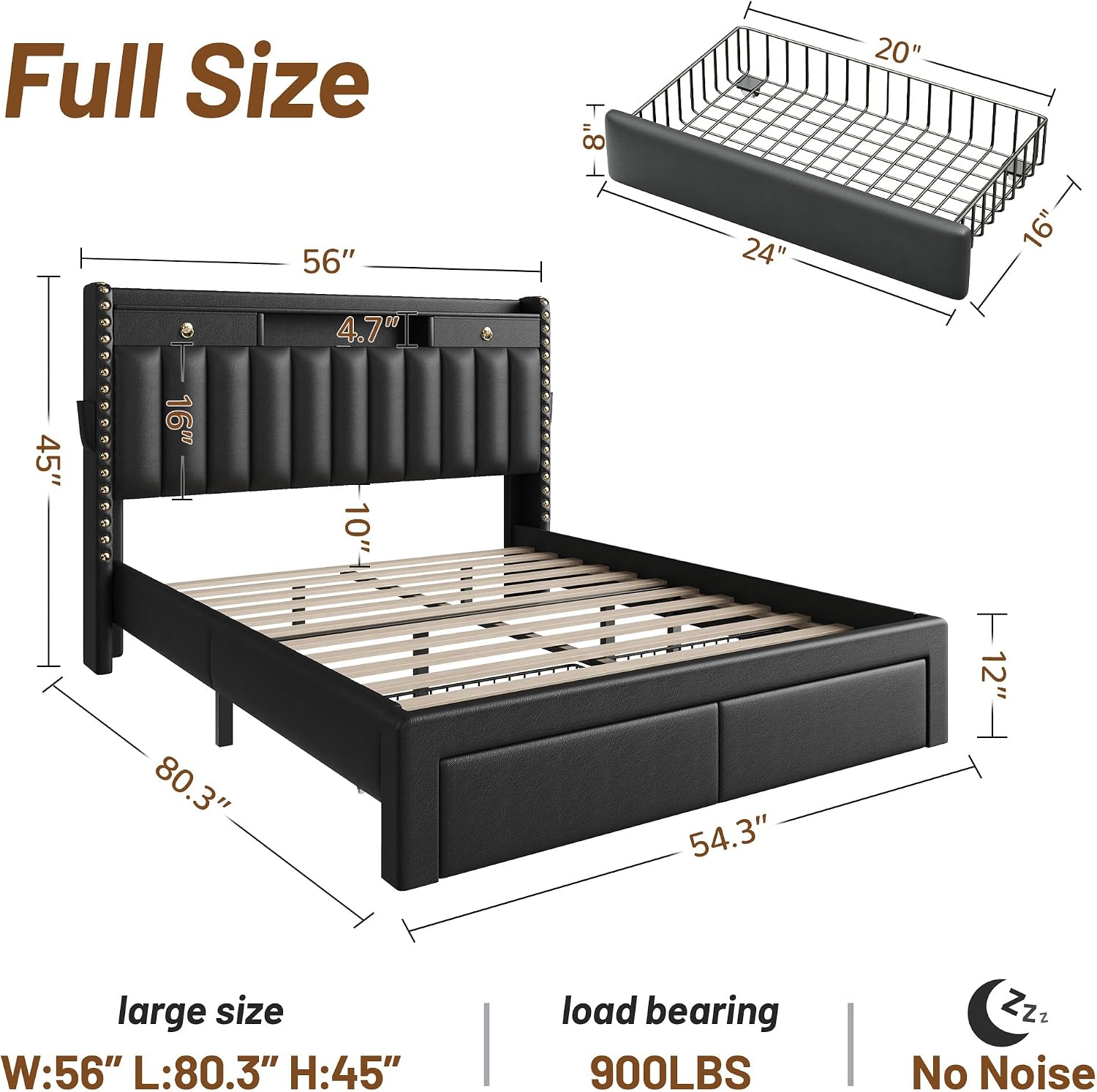 CypBed Full Upholstered Platform Bed Frame with Storage Headboard, USB & Type-C Charging Ports, 4 Drawers, Solid Wood Slats, No Box Spring Needed, Black,Gifts