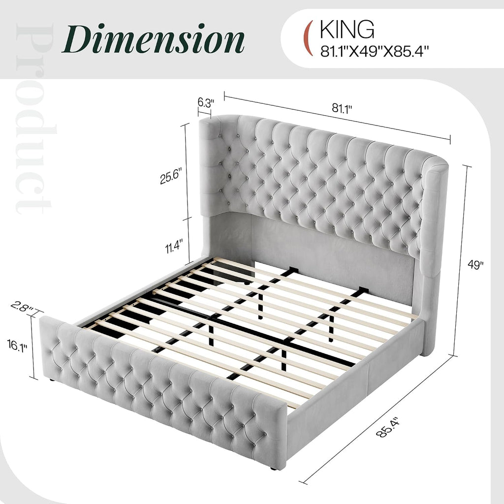 Jocisland King Size Platform Bed Frame, 6.3' Thick Upholstered Curved Wingback Headboard and Footboard with Deep Button Tufted, Easy Assembly, No Box Spring Needed, Light Grey Velvet