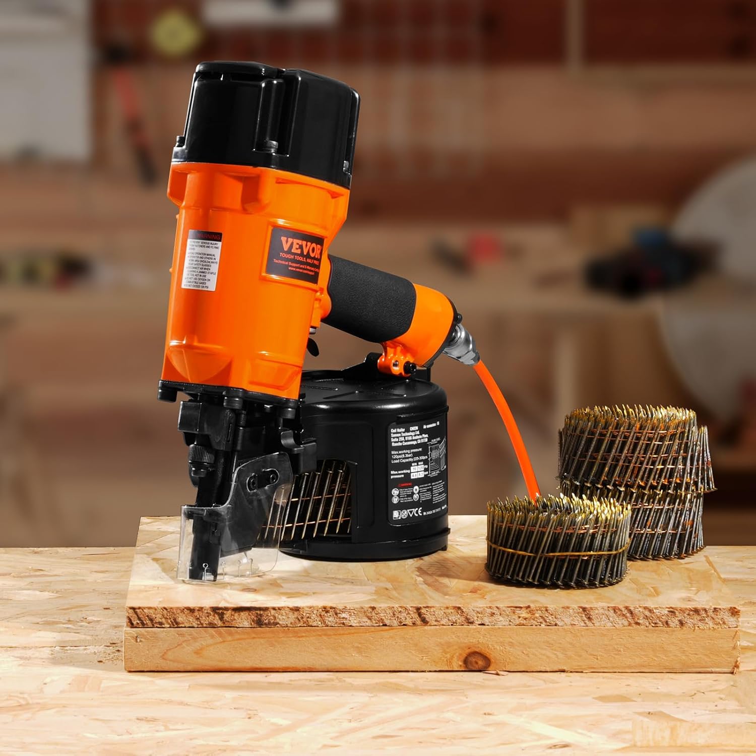 VEVOR Coil Siding/Framing Nailer CN83N, 2' to 3-1/4' 15 Degree Pneumatic Siding Nail Gun with Tool-Less Depth Adjustment, 70-120PSI Air Coil Nailer for Siding Sheathing Wooding Fencing Decking