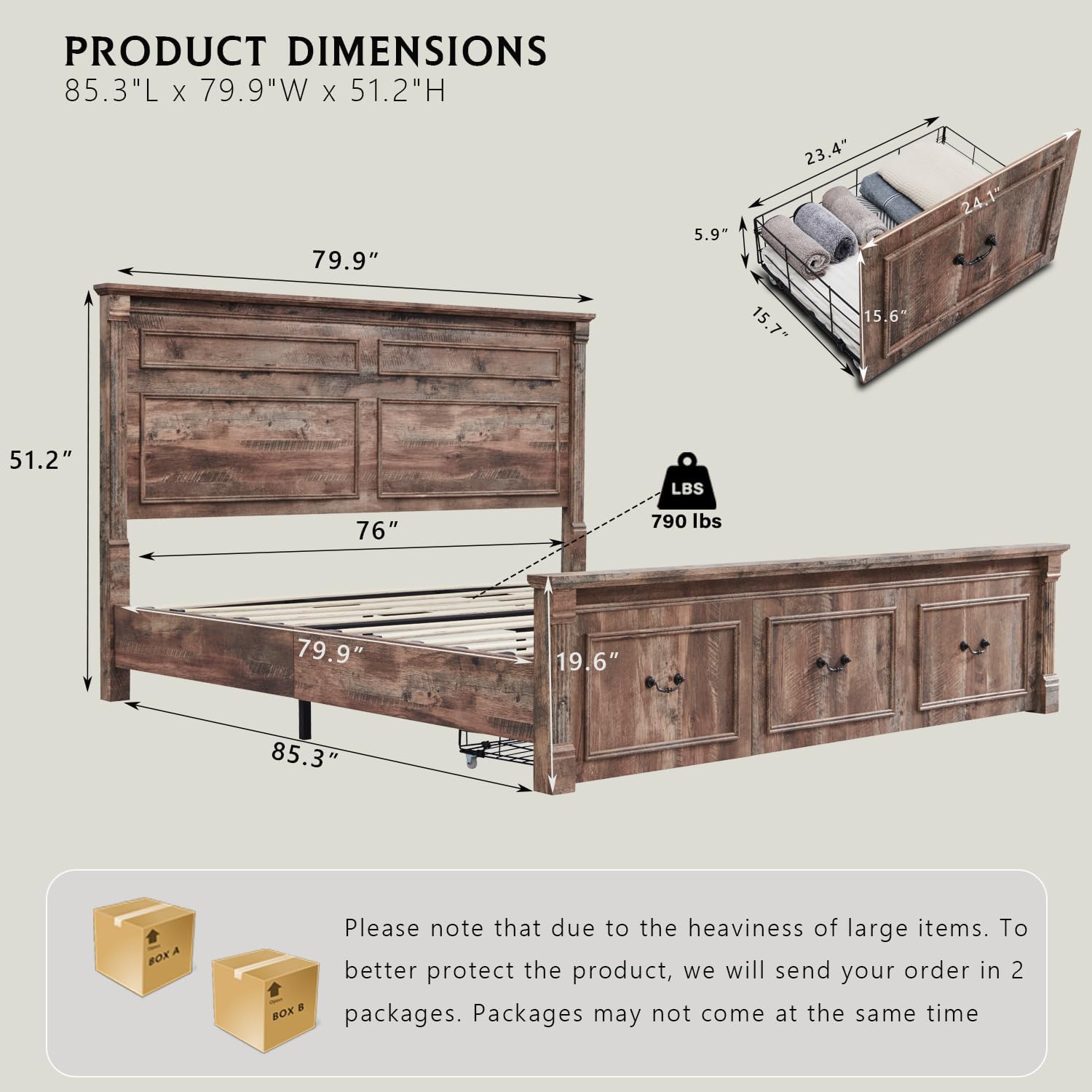 Aitjunz Farmhouse King Size Bed Frame with 51' Tall Headboard, Wood Platform Bed Frame with 20' Tall Roman Column Decoration Footboard & 3 Large Storage Drawers, No Box Spring Needed (Light Brown)